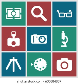 Lens icons set. set of 9 lens filled icons such as glasses, search, camera, camera tripod