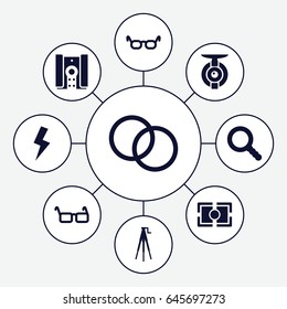 Lens icons set. set of 9 lens filled icons such as glasses, search, camera tripod, camera lense