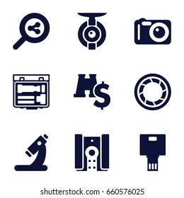 Lens icons set. set of 9 lens filled icons such as microscope, camera shutter, camera, spy camera, binoculars with dollar sign