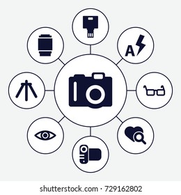 Lens icons set. set of 9 lens filled icons such as camera, heart search, glasses, camera tripod, camera lens, auto flash