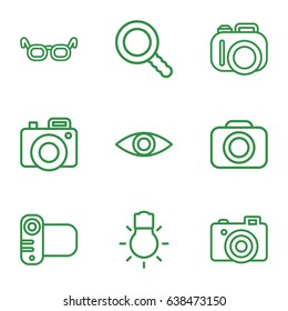 Lens icons set. set of 9 lens outline icons such as camera, search, camera bulb, eye