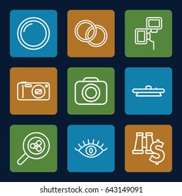 Lens icons set. set of 9 lens outline icons such as eye, camera, camera lense, camera flash, search share