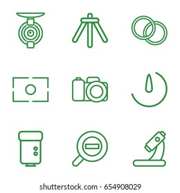 Lens icons set. set of 9 lens outline icons such as microscope, camera, camera flash