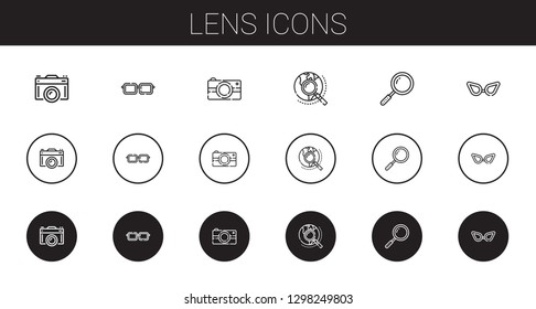 lens icons set. Collection of lens with camera, eyeglasses, photo camera, explore, loupe, glasses. Editable and scalable lens icons.