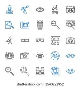 lens icons set. Collection of lens with eye, explore, binocular, loupe, zoom out, glasses, vision, searching, photo camera, sunglasses, eyeglasses. Editable and scalable lens icons.