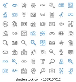 lens icons set. Collection of lens with microscope, vision, camera, magnifying glass, webcam, eyeglasses, photo camera, zoom in, photographer. Editable and scalable lens icons.