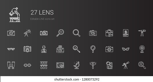 lens icons set. Collection of lens with observe, eye, microscope, images, glasses, binoculars, camera, search, zoom in, photographer, photo camera. Editable and scalable lens icons.