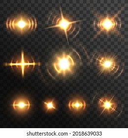 Lens light flare, fiery energy burst or headlights realistic effect. Vector golden glow beam flashes or star sparkles. Photography shining glare, digital lightning radiance 3d elements, isolated set