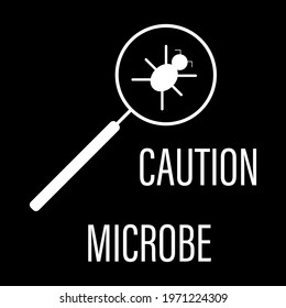 Lens and microbe icon with text. Hand drawn element, vector illustration in white on a black background.
