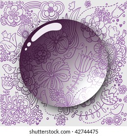 Lens on a cute floral seamless pattern with cartoon birds in violet