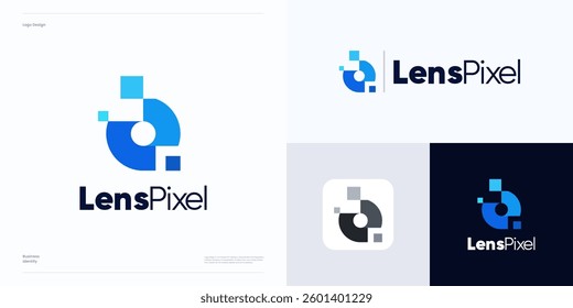 Lens pixel digital for optical vision logo icon design, Circular eye pixel logo symbol for media, eyecare, global digital assets, digital business, technology, business identity, Simple modern style.