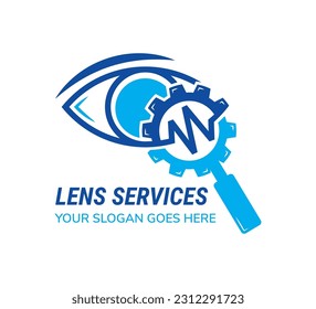 lens services logo design template. multicolor blue color of object. the concept is combination eye, medical pulse, gear and magnifying glass. isolated on white background.