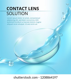 Lens solution ads, clear liquid pouring down to the eye contact, illustration