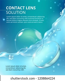 Lens solution ads, clear liquid pouring down to the eye contact, illustration