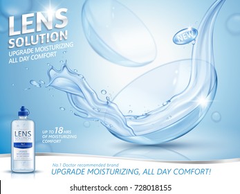 Lens solution ads, clear liquid pouring down to the eye contact and washing out the dirt, 3d illustration