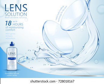 Lens Solution Ads, Clear Liquid Pouring Down To The Eye Contact, Solution Bottle In 3d Illustration