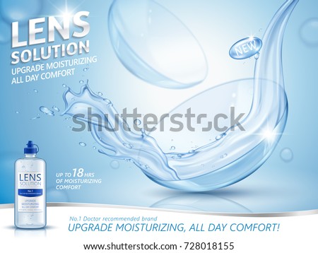 Lens solution ads, clear liquid pouring down to the eye contact and washing out the dirt, 3d illustration