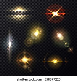 Lens and sunbeam light effect on transparent background. Star flare backdrop template or sparkle shine, bleak poster and burst illustration, bright explosion and zenith sun radiance, round ray spread