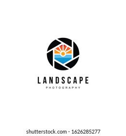 Lens and sunset combination logo design icon vector for landscape photography