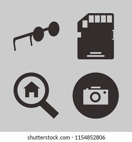 lens vector icons set. with camera, search house, memory card and sunglasses in set
