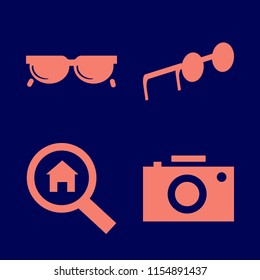 lens vector icons set. with camera, sunglasses and search house in set