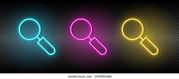 lentitud, búsqueda del icono del vector amarillo, rosa, neón azul conjunto. Icono de vector de herramientas