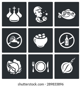 Lent celebration of Orthodox believers icons set. Vector Illustration.
Isolated Flat Icons collection on a black background for design