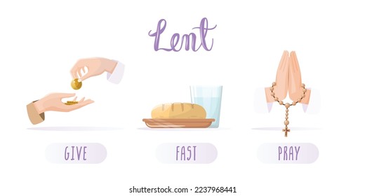 Lent season concepts set. Almsgiving, fasting and prayer