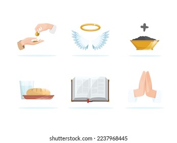 Lent season concepts set. Almsgiving, angel, ash wednesday, fasting, holy bible and prayer