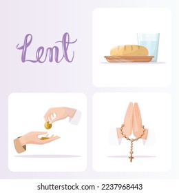 Lent season concepts set. Fasting, almsgiving and prayer