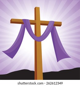 Lenten cross with purple background. Easter day.Crucifixion of Jesus Christ, and His resurrection three days later.