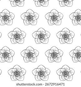Lenten Rose flower Seamless Pattern Hand drawn vector line art, Black and White Flower isolated in white. Beautiful design for textile, wallpaper, wrapping paper