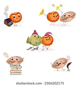 Lentil funny characters, vector hand drawn illustrations set, collection, legume menu, with cute vegan protein characters isolated on white.