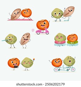 Lentil funny characters, vector hand drawn illustrations set, collection, legume menu, with cute vegan protein characters isolated on white.