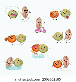 Lentil funny characters, vector hand drawn illustrations set, collection, legume menu, with cute vegan protein characters isolated on white.