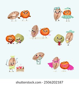 Lentil funny characters, vector hand drawn illustrations set, collection, legume menu, with cute vegan protein characters isolated on white.