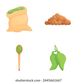 Lentil icons set cartoon vector. Green lentil pod and seed in bag and spoon. Healthy organic food