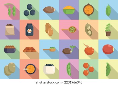 Lentil icons set flat vector. Bean bread. Cereal leaves