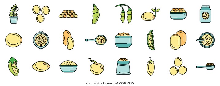 Lentil icons set outline vector. Bean bread. Cereal leaves thin line color flat on white