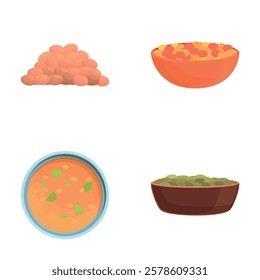 Lentil product icons set cartoon vector. Lentil seed and bowl of soup. Healthy organic food