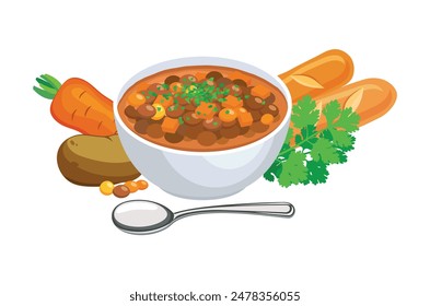 Ilustración vectorial de sopa de lentejas. Tazón de sopa de lentejas icono conjunto Vector aislado sobre un fondo blanco. Sopa de lentejas, verduras, perejil y baguette