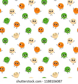 Lentil, vector seamless pattern with cute cartoon vegan protein characters isolated on white