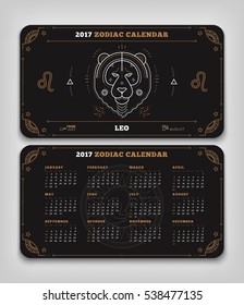 Leo 2017 year zodiac calendar pocket size horizontal layout Double side black color design style vector concept illustration