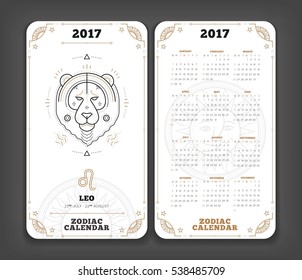 Leo 2017 year zodiac calendar pocket size vertical layout Double side white color design style vector concept illustration.