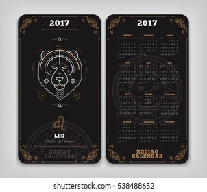 Leo 2017 year zodiac calendar pocket size vertical layout Double side white color design style vector concept illustration.