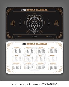 Leo 2018 year zodiac calendar pocket size horizontal layout Double side black and white color design style vector concept illustration