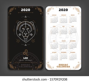 Leo 2020 year zodiac calendar pocket size vertical layout Double side black and white color design style vector concept illustration