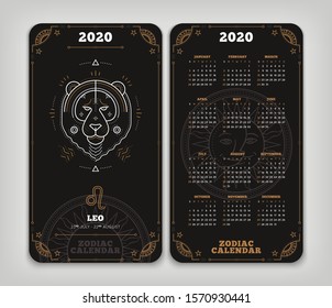 Leo 2020 year zodiac calendar pocket size vertical layout Double side black color design style vector concept illustration