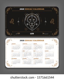 Leo 2020 year zodiac calendar pocket size horizontal layout Double side black and white color design style vector concept illustration