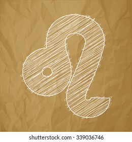 Leo, 21 July - 19/22 August. HOROSCOPE SIGNS OF THE ZODIAC - White Scribble on a crumpled paper brown background.